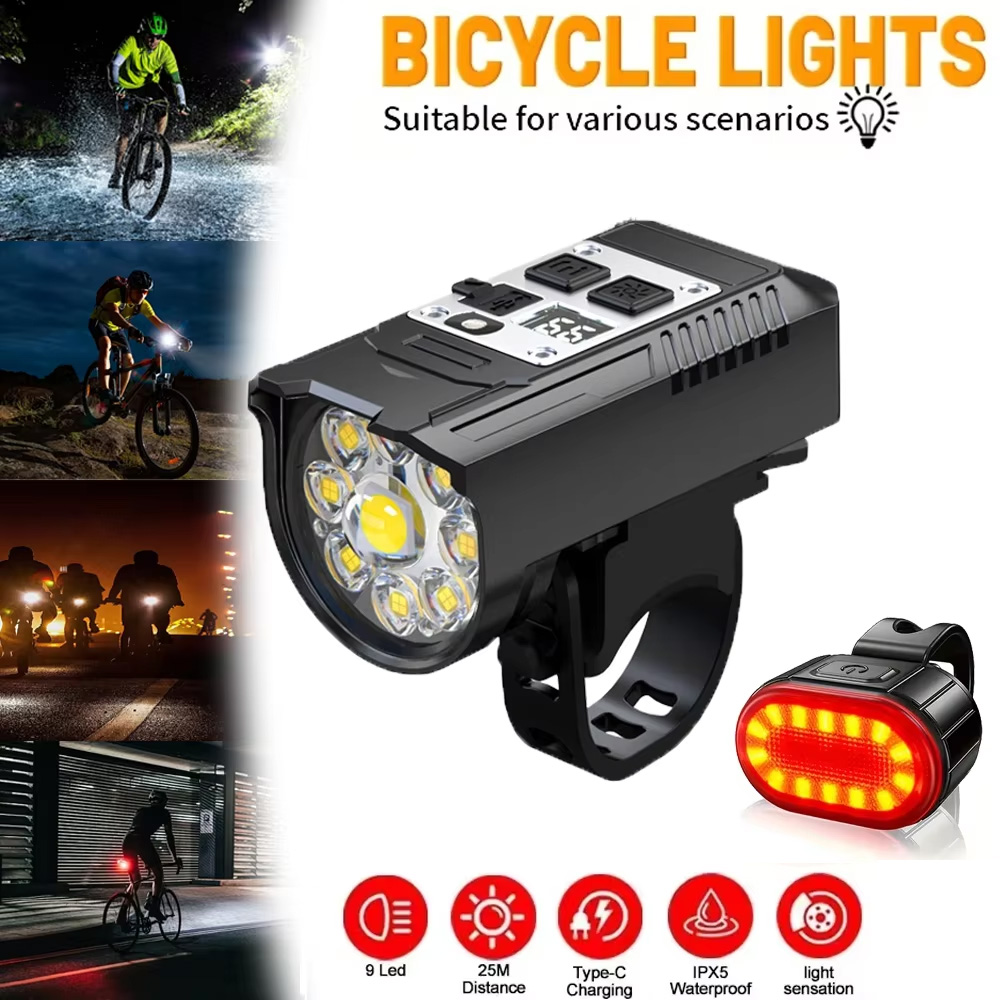 Headlamp Waterproof Rechargeable - 9 LED Bicycle Headlight USB Rechargeable